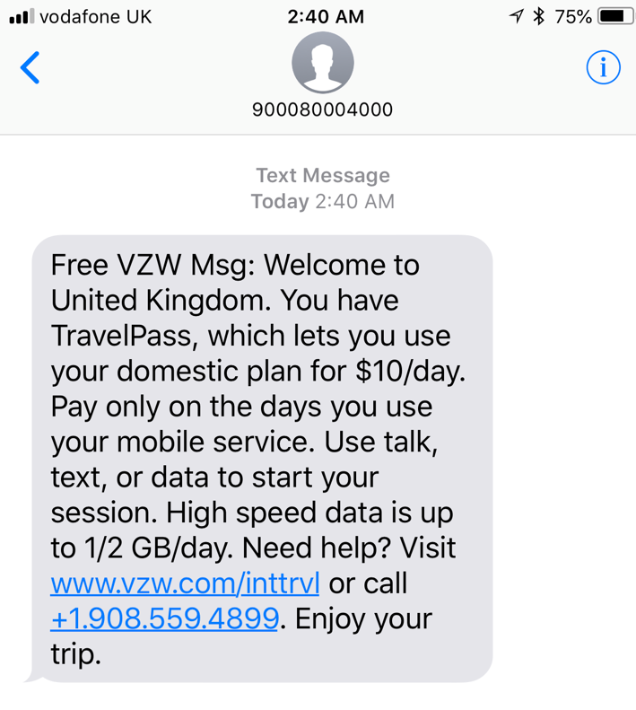 Verizon text message welcoming me to the UK