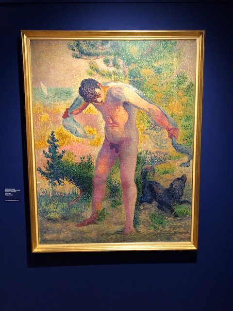 A nude man playing with his dog