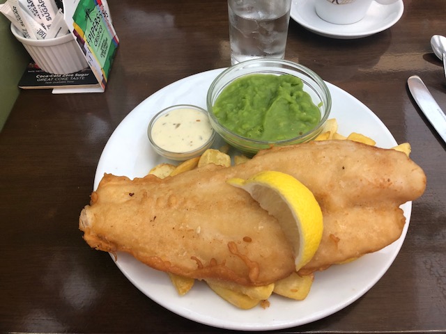Fish and chips and mashed peas