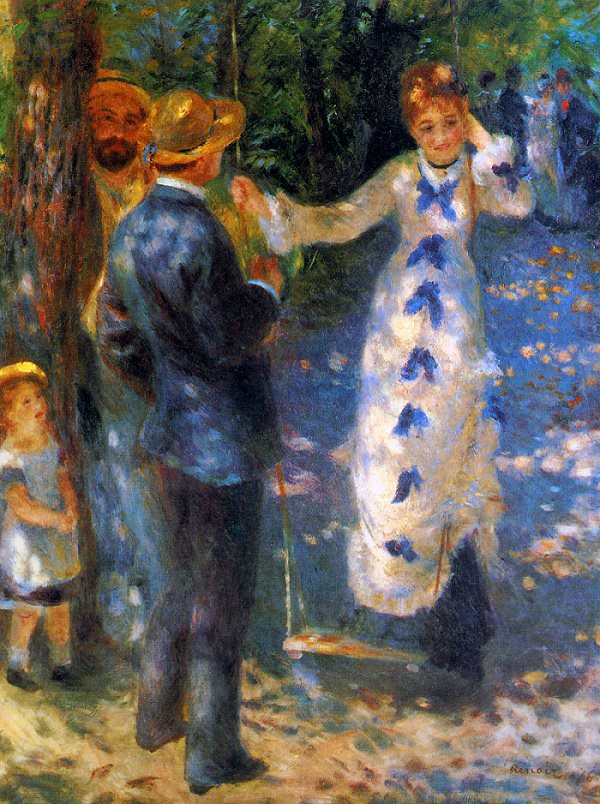The Swing by Renoir - a woman in a white dresss with blue accents down the middle of the front , standing on a swing, talking to a man