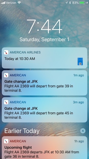 Screen shot of change in gate notifications 