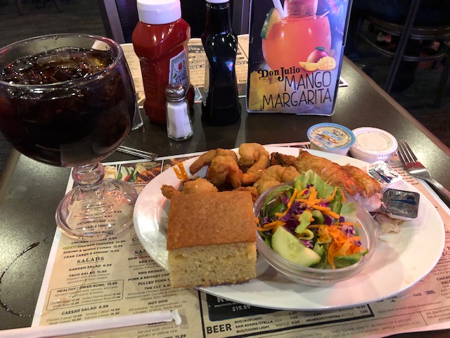 Pork ribs, chicken, fried shrimp, salad, cornbread. And, of course, a huge glass of sweet ice tea.