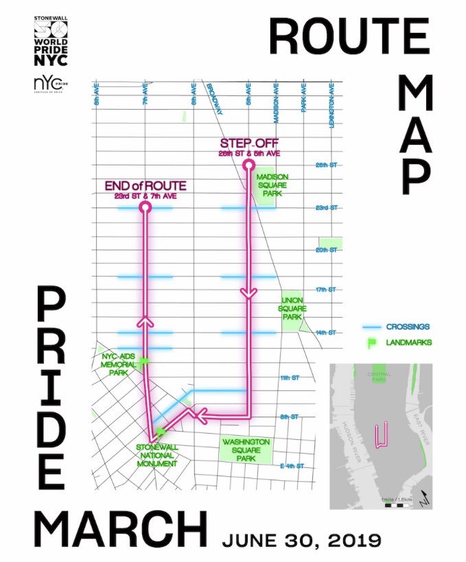 The U shape of the parade route: step off from 26th & 5th, downtown to 8th St, right over to Christopher St and Stoneway, then back up 7th Ave to 23rd.