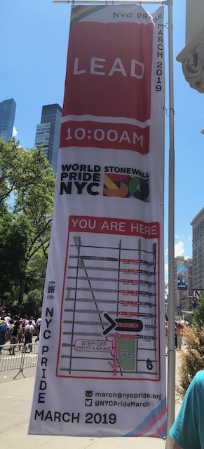 A banner with a schedule overlaying a map, to show what step off times were supposed to be for those waiting on the side streets