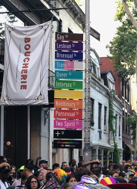Street Sign that has all of the letters represented at the intersection: Christopher St in one direction, in the other going down is Gay St, Lesbian St, Bisexual St, Trans St, Queer St, Intersex St, Asexual St, Nonbinary St, Pansexual St, Two Spirit St, + St