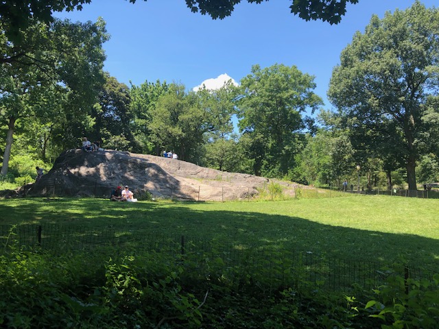 A huge rock protuding from a grassy knoll with people sitting on it
