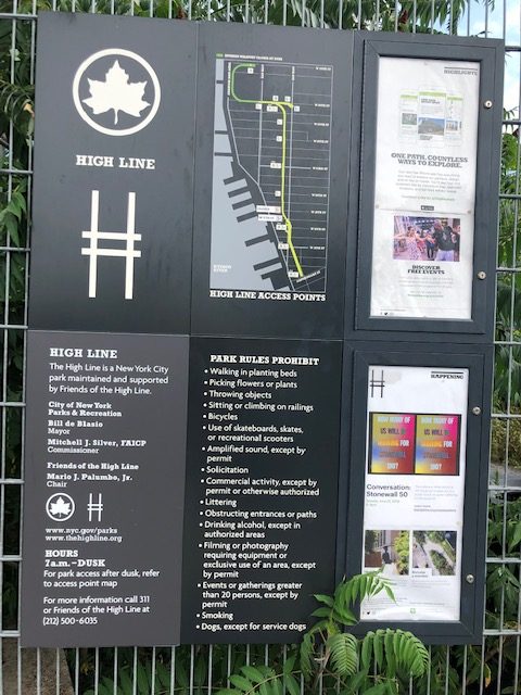Sign split into 6 sections, providing a map and other details about the High Line