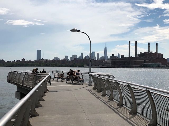 View of downtown NYC from a pier at Transmitter Park, Greenpoint, Brooklyn