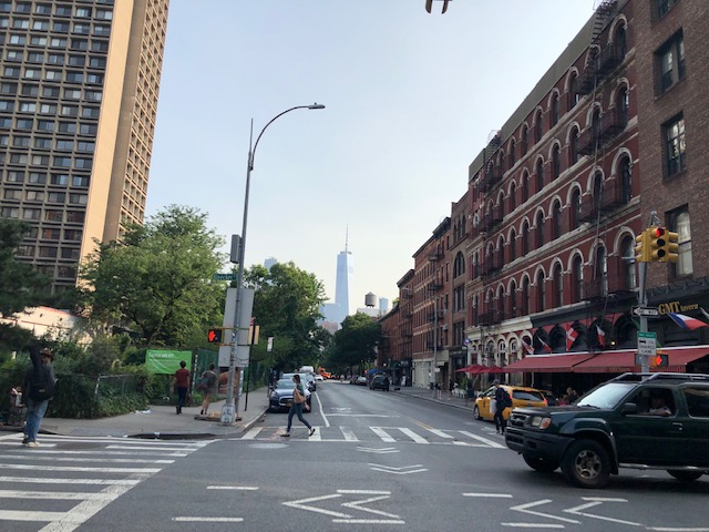 World Trade Center in the background of the intersection