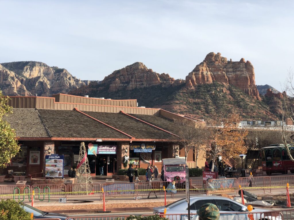 Uptown shops with mountains in the background