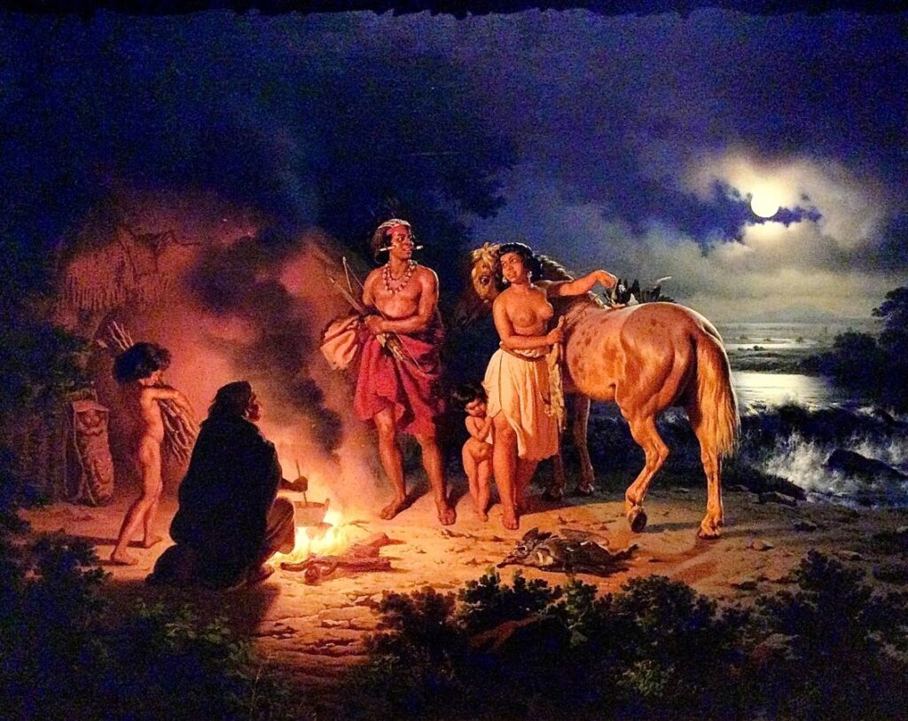 A Native American family - man, woman, 2 children, and maybe grandmother - warmly lit by a bright campfire at night, with a bright moon piercing clouds in the background, shining on the ocean. 