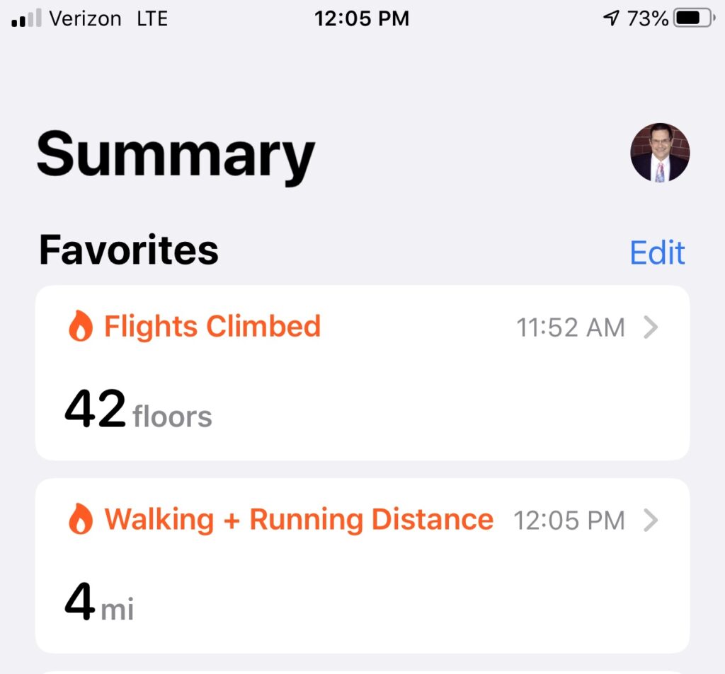 screen shot of my tracking app: 42 floors, 4 miles