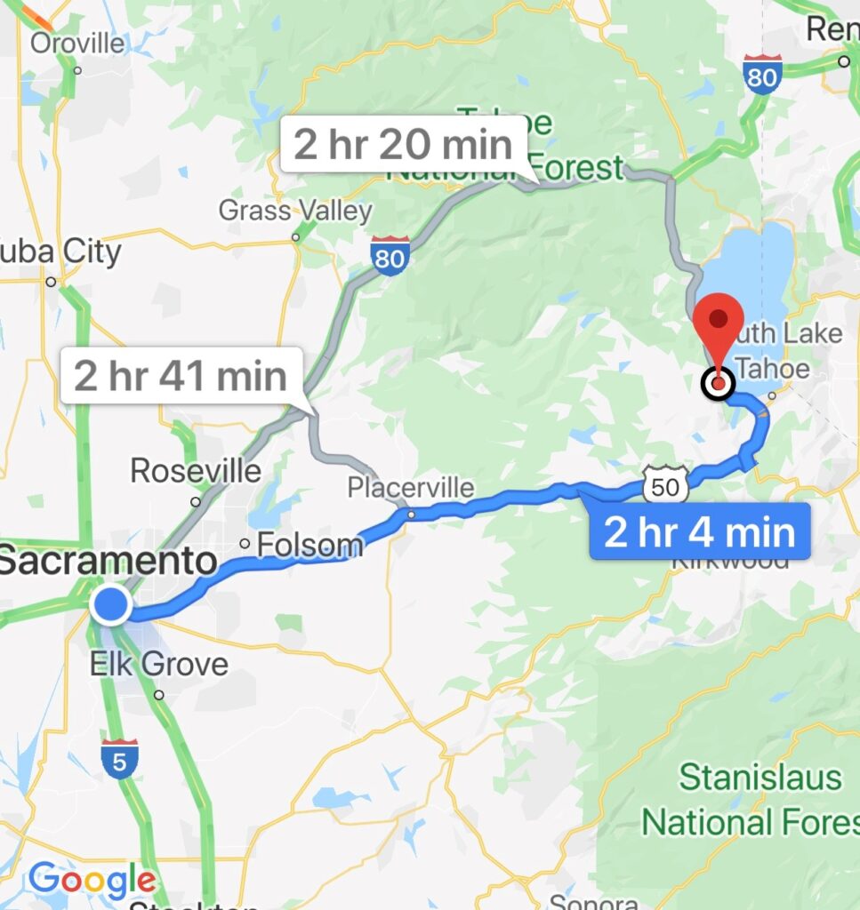 screen shot of map showing path from Sacramento to Tahoe