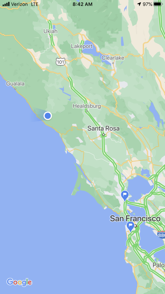 Map showing my spot plus Santa Rosa and San  Francisco   