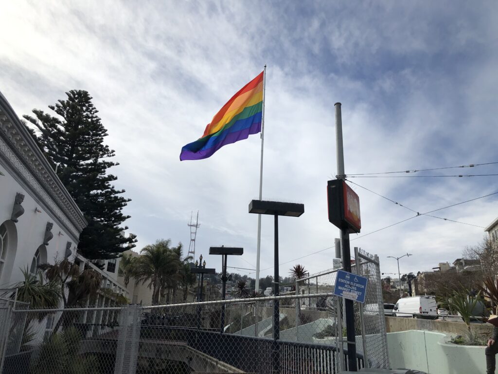 The huge rainbow flag that flies at Castro and Market Streets. 