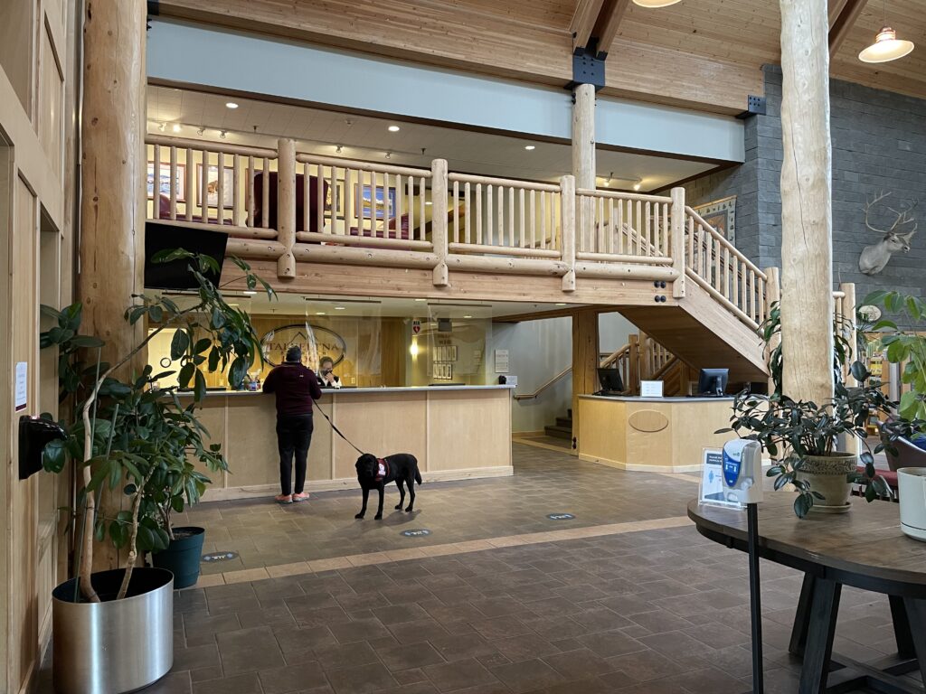 A massive lobby; Ash at the front desk on the far left and a wooden staircase starting at the far right, then going up and over his head. 