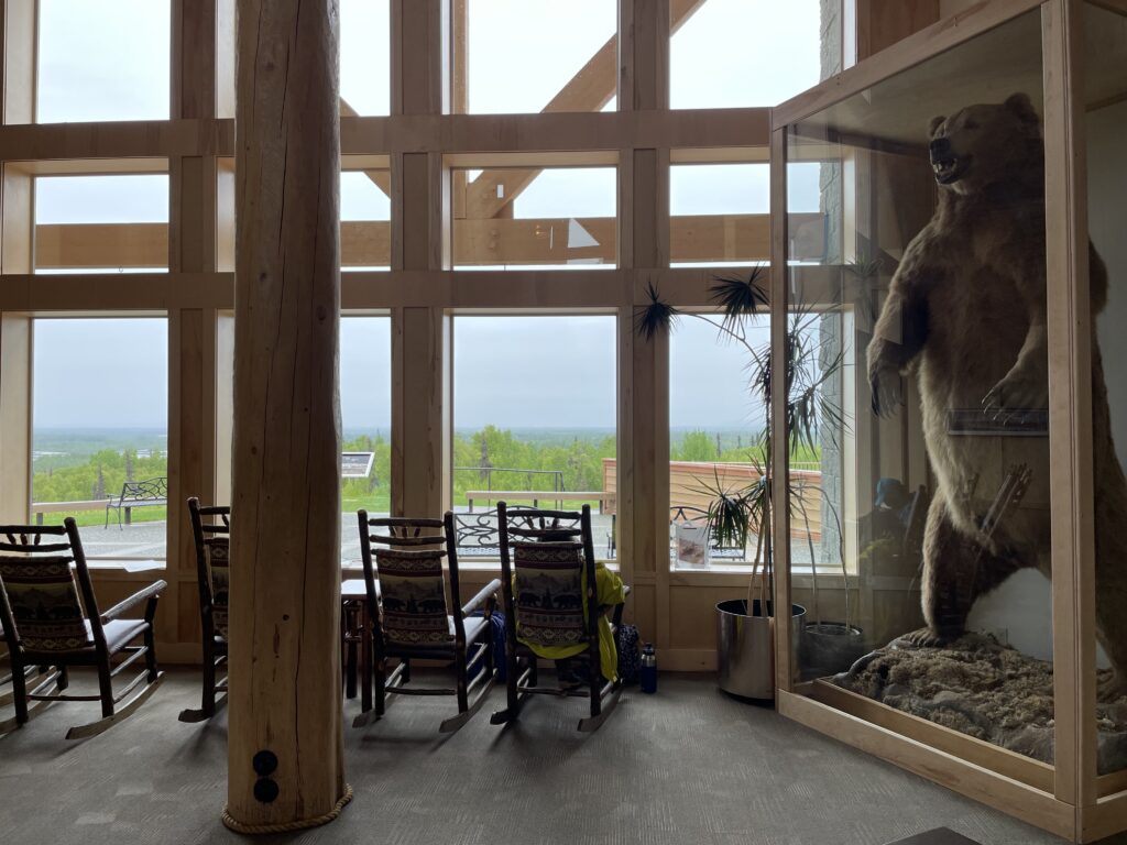 Rockers line the large windows at the end of the lobby, offering a view outside. A large stuffed bear is encased in glass on the right. 