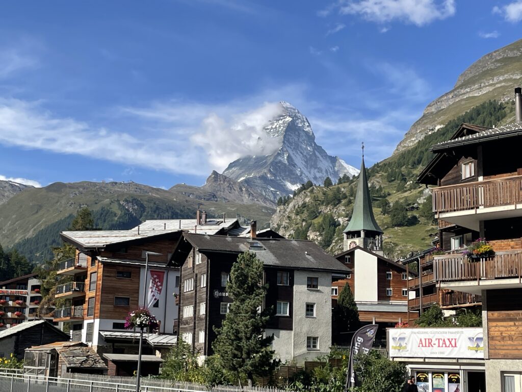 matterhorn with the town in front of it 