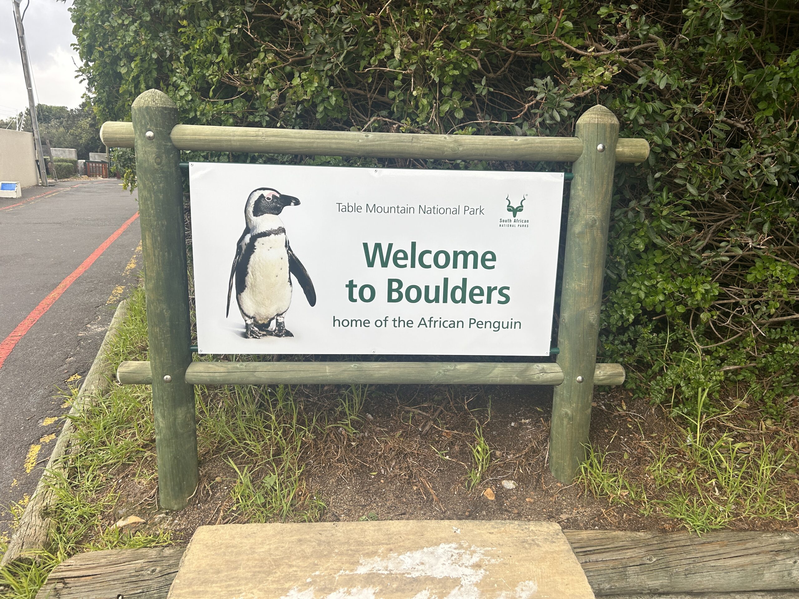 Sign says: Table Mountain National Park; Welcome to Boulders - home of the African Penguin 