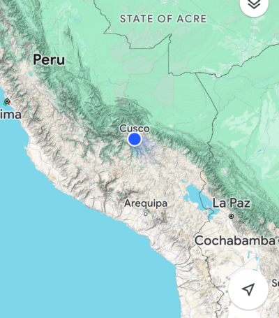 screen shot of google maps showing our location in the middle of the Andes 